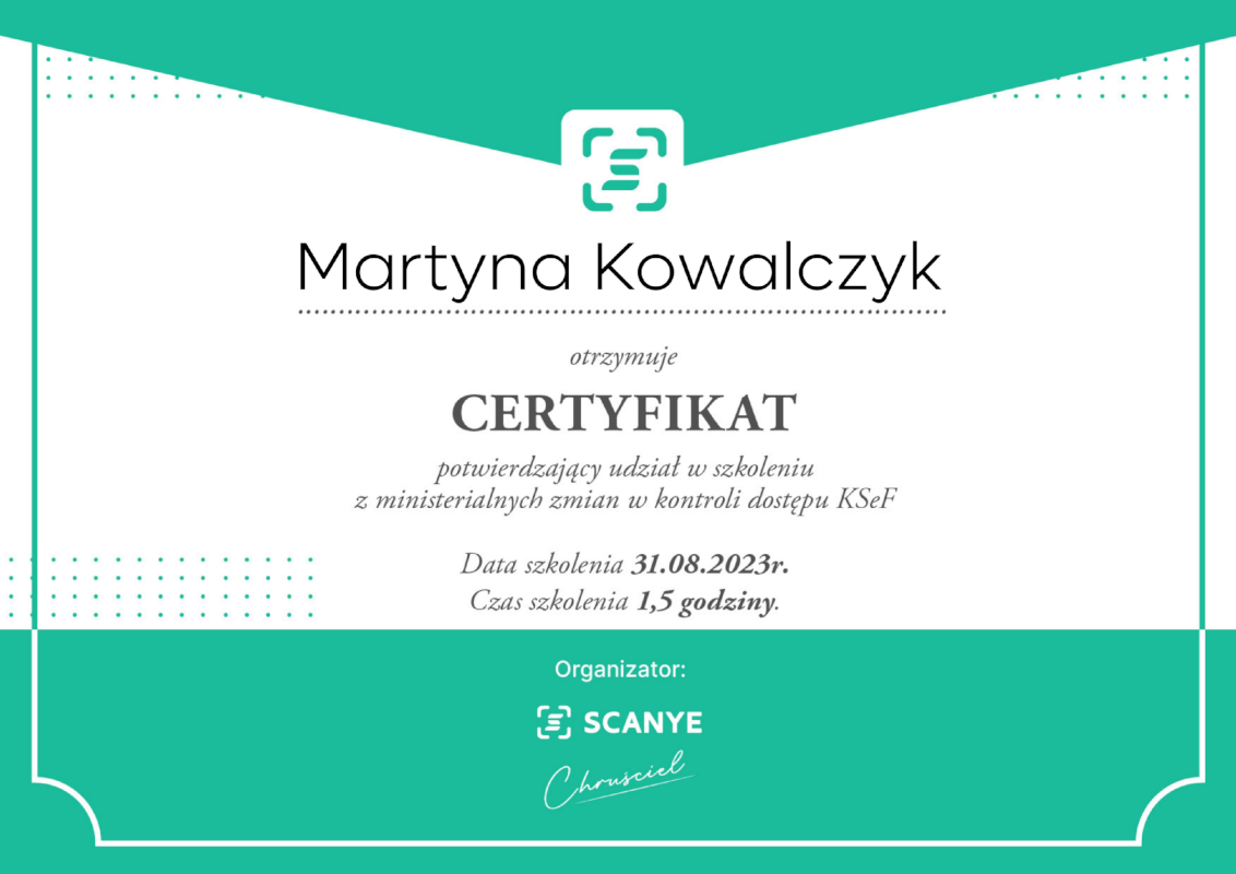 Certyfikat ze szkolenia KSEF